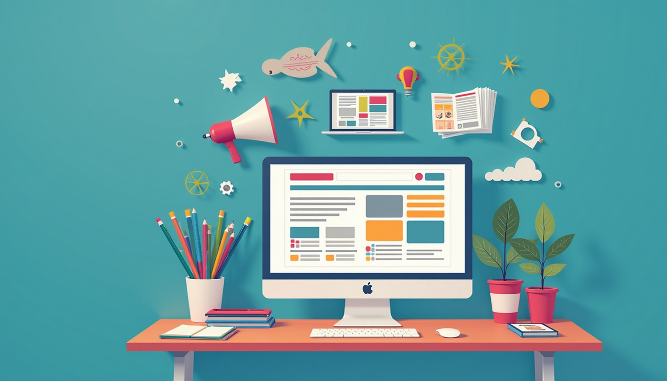 Un laptop afișând un site blog cu grafice și texte, simbolizând crearea unui site de succes.