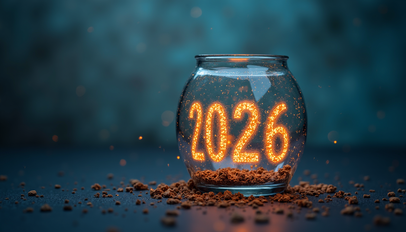 O imagine futuristă cu elemente de tehnologie, mediu și societate, ilustrând ce trebuie să știi despre 2026.